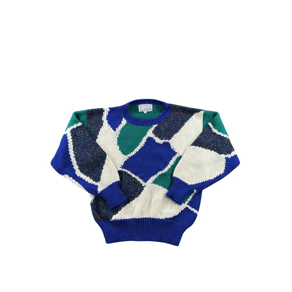 Vintage Joyce Acrylic Knit Sweater Geometric Abstract Blue Green White Mens M